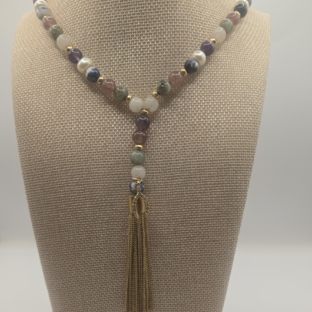 White House Black Market Multicolor Beaded Necklace with Gold Accents